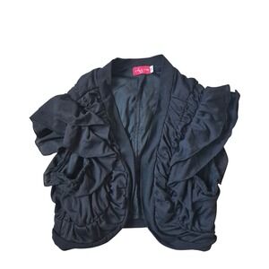 Ruby Rox Juniors Black Ruched Ruffled Cropped Shrug Bolero Cardigan Small